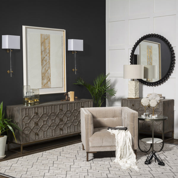 Genevieve II 70x15.8 Gray Fir Veneer W/Gold Metal Frame Base 9 Drawer Sideboard