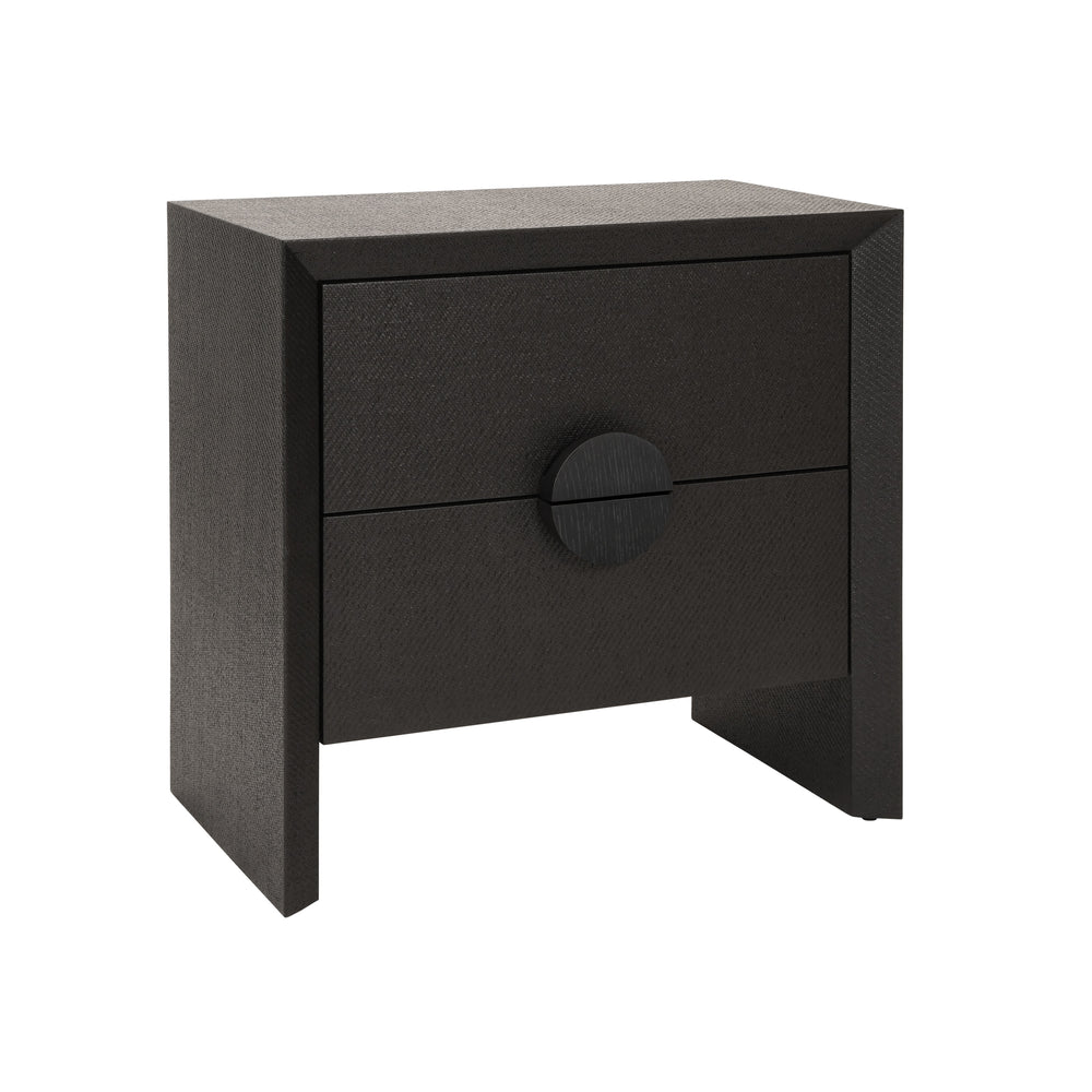TWO DRAWER SIDE TABLE IN BLACK PAINTED GRASSCLOTH WITH BLACK OAK HANDLES