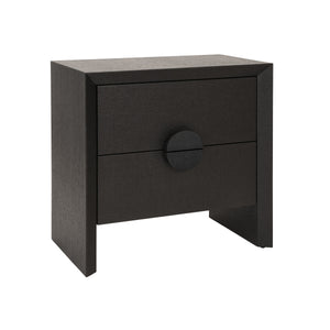 TWO DRAWER SIDE TABLE IN BLACK PAINTED GRASSCLOTH WITH BLACK OAK HANDLES