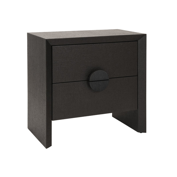 TWO DRAWER SIDE TABLE IN BLACK PAINTED GRASSCLOTH WITH BLACK OAK HANDLES