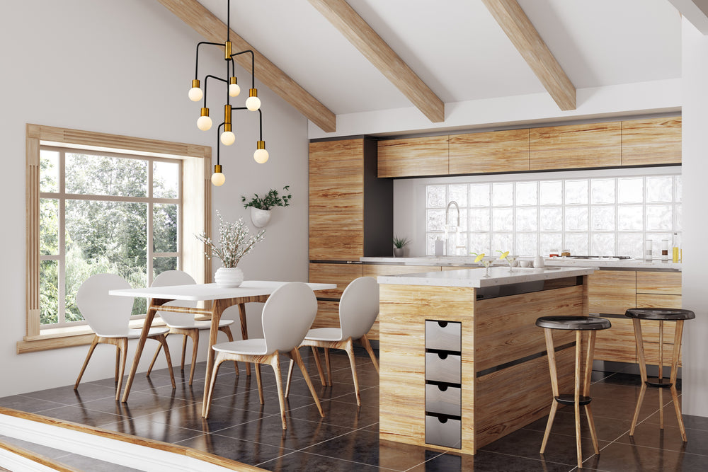 Neutra 7 Light Chandelier in Matte Black + Foundry Brass Finish