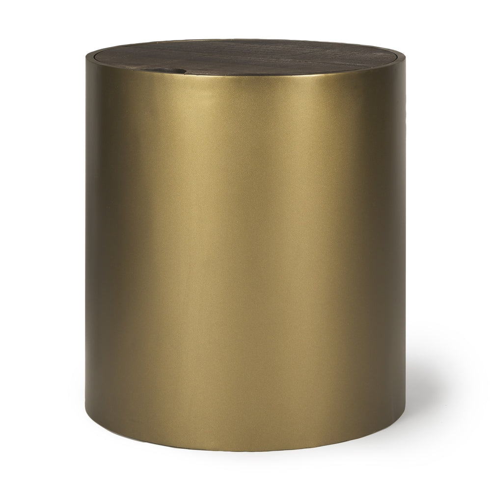 Eclipse Gold Metal Drum Base w/ Dark Brown Wood Top End/Side Table