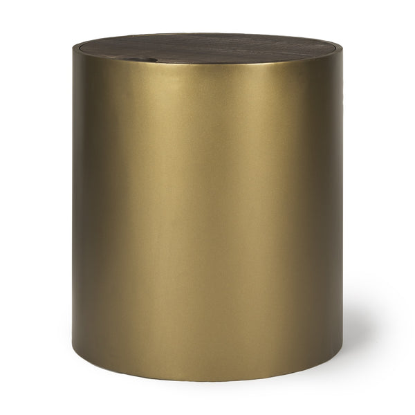 Eclipse Gold Metal Drum Base w/ Dark Brown Wood Top End/Side Table