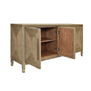 FOUR DOOR BUFFET WITH SATIN BRASS HARDWARE AND FOOT CAPS IN WRAPPED ROPE