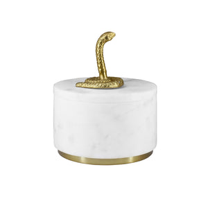 WHITE MARBLE CONTAINER WITH BRASS SNAKE TOP AND BOTTOM BRASS RIM