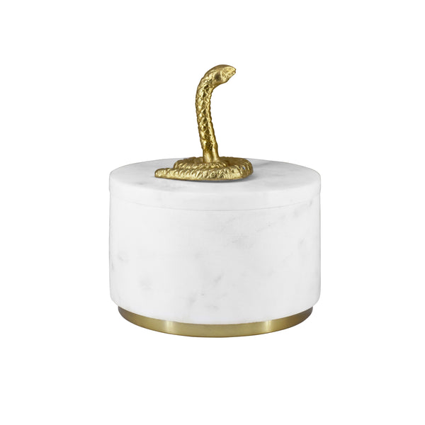 WHITE MARBLE CONTAINER WITH BRASS SNAKE TOP AND BOTTOM BRASS RIM