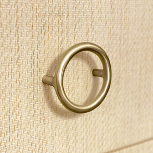 THREE DRAWER CHEST WITH ANTIQUE BRASS CIRCLE HARDWARE IN NATURAL GRASSCLOTH