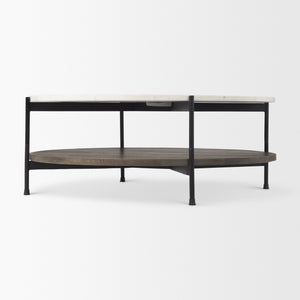 Larkin 42" Round Two-Tier White Marble Top and Solid Wood Shelf w/ Black Metal Frame Coffee Table