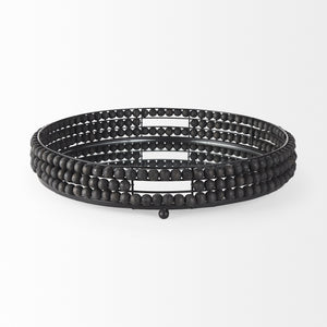 Decatur II 21L x 21W Black Wooden Bead Mirrored Bottom Round Tray