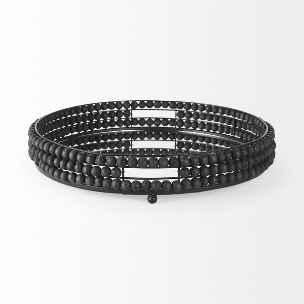 Decatur II 21L x 21W Black Wooden Bead Mirrored Bottom Round Tray