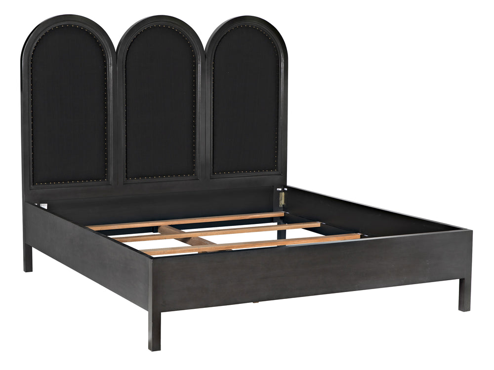 Arch Eastern King Bed in Pale Mahogany with Black Cotton Upholstery and Brass Nailhead Accents