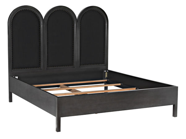 Arch Eastern King Bed in Pale Mahogany with Black Cotton Upholstery and Brass Nailhead Accents
