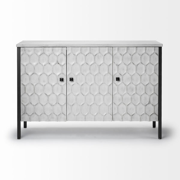 Savannah White Fir Veneer & Gray Metal 3-Door Accent Cabinet
