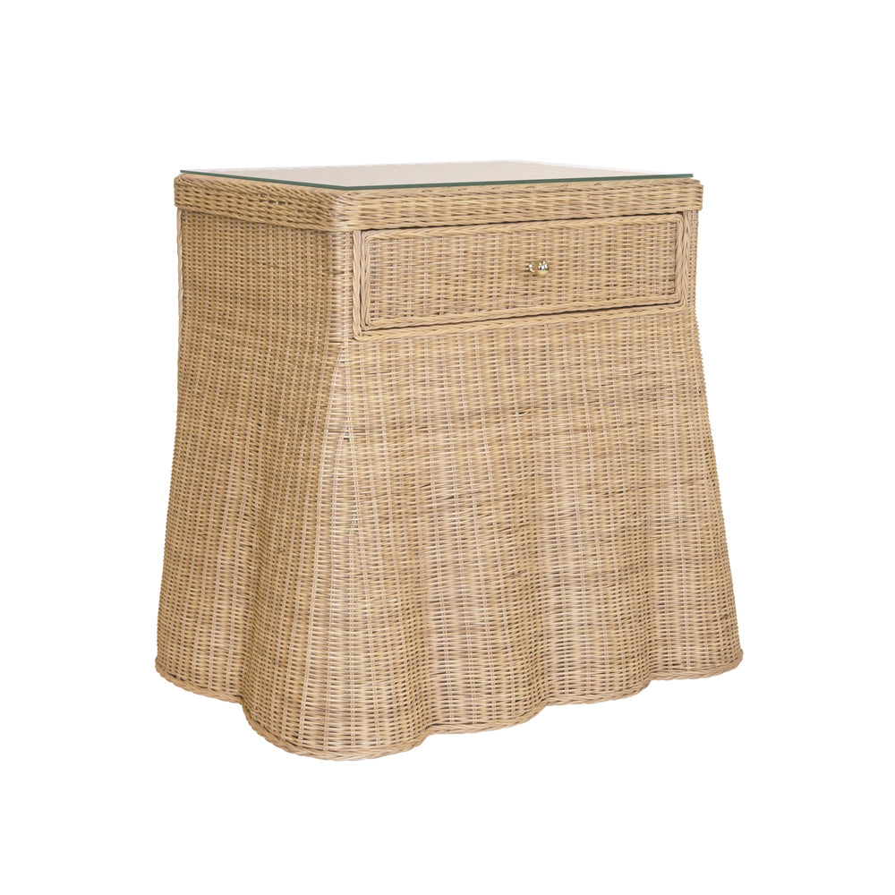 ONE DRAWER RECTANGULAR SIDE TABLE WITH FLARED SCALLOPED BASE IN RATTAN WITH GLASS TOP