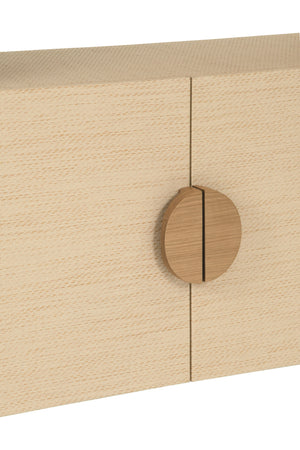 TWO DOOR CONSOLE WITH OPEN SHELF IN NATURAL GRASSCLOTH WITH CERUSED OAK HANDLES