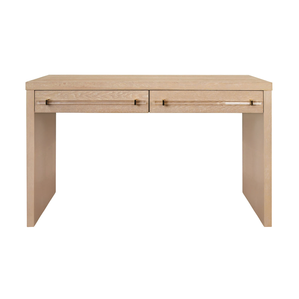 WATERFALL TWO DRAWER DESK WITH BRASS AND ACRYLIC HARDWARE IN CERUSED OAK