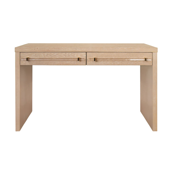 WATERFALL TWO DRAWER DESK WITH BRASS AND ACRYLIC HARDWARE IN CERUSED OAK