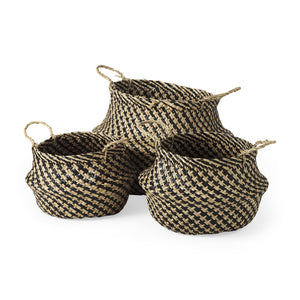 Gaia  17.7L x 17.7W x 20.5H Set of 3 Light and Dark Brown Cross Patterend Belly Seagrass Basket