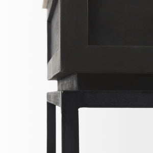 Divina Black-Brown Wood w/ White Marble Top and Black Metal Base 1 Drawer Side Table