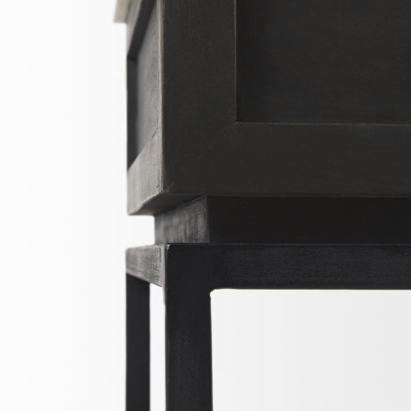 Divina Black-Brown Wood w/ White Marble Top and Black Metal Base 1 Drawer Side Table