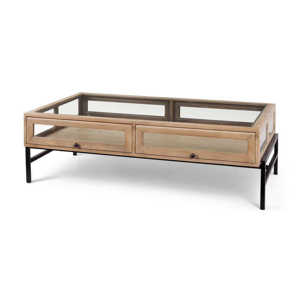 Arelius 42"L Rectangular Light Brown Wood w/ Black Metal Base Display Coffee Table