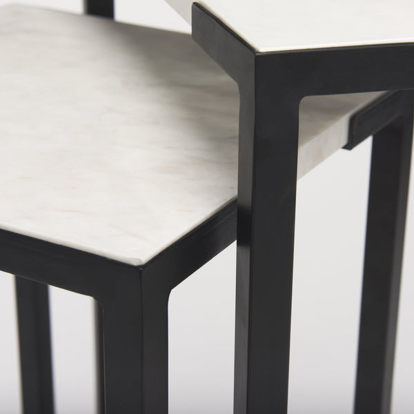 Lucas III (Set of 2) 15L x 15W; 12L x 12W White Marble W/Black Iron Frame Accent Tables