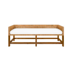 CANE BENCH WITH LOW SEAT BACK AND IVORY LINEN CUSHION