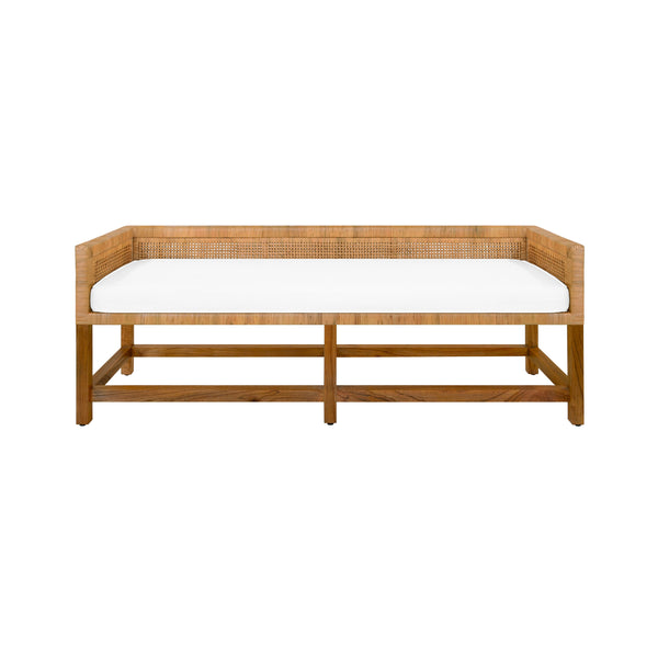CANE BENCH WITH LOW SEAT BACK AND IVORY LINEN CUSHION
