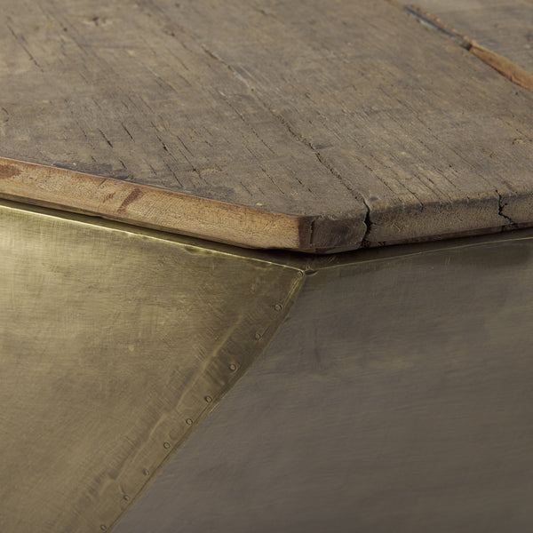 Esagono Octagonal Gold Metal-Clad Reclaimed Wood Coffee Table w/ Storage