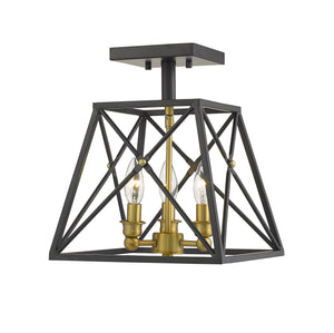 Trestle 3 Light Semi Flush Mount in Matte Black + Olde Brass Finish