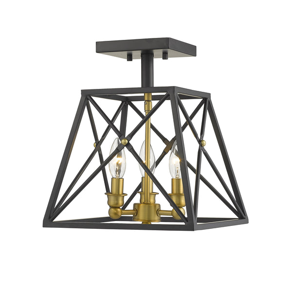 Trestle 3 Light Semi Flush Mount in Matte Black + Olde Brass Finish