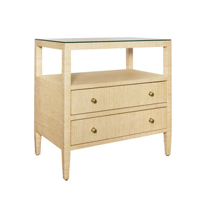 TWO DRAWER SIDE TABLE WITH OPEN TOP SHELF IN NATURAL GRASSCLOTH WITH POLISHED BRASS KNOBS