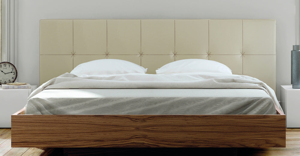 Floating modern Queen Bed - Tan Upholstery, Wood
