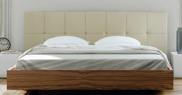 Floating modern Queen Bed - Tan Upholstery, Wood