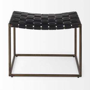 Clarissa 22.0L x 16.0W x 16.75H Black Leather Woven Seat W/ Gold Metal Frame Stool