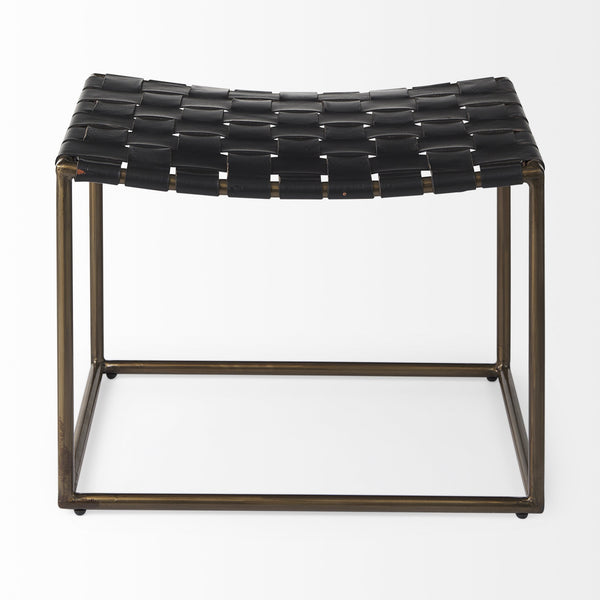Clarissa 22.0L x 16.0W x 16.75H Black Leather Woven Seat W/ Gold Metal Frame Stool