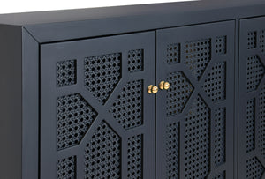 FOUR DOOR BUFFET WITH TRELLIS OVER PAINTED CANE DOORS IN MATTE NAVY LACQUER