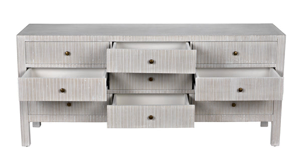 Conrad 9-Drawer Mahogany Dresser with Brass Pulls in White Wash Finish