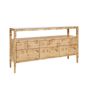 SIX DRAWER CONSOLE WITH OPEN SHELF IN BURL WOOD WITH POLISHED BRASS KNOBS
