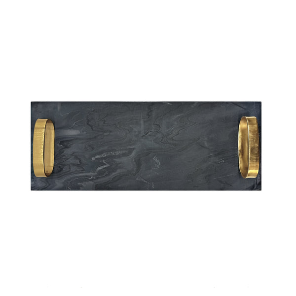 BLACK MARBLE TRAY WITH BRASS OVAL SHAPED HANDLE
