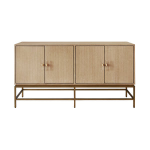 FOUR DOOR BUFFET WITH ANTIQUE BRASS METAL BASE IN CERUSED OAK