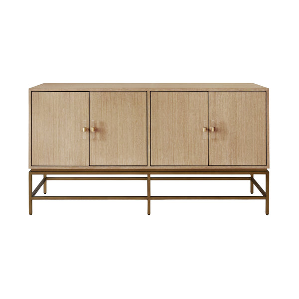 FOUR DOOR BUFFET WITH ANTIQUE BRASS METAL BASE IN CERUSED OAK