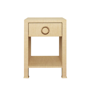 ONE DRAWER SIDE TABLE WITH ANTIQUE BRASS CIRCLE HARDWARE IN NATURAL GRASSCLOTH