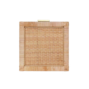 SMALL NATURAL RATTAN DECORATIVE BOX WITH BRASS FOOT CAPS