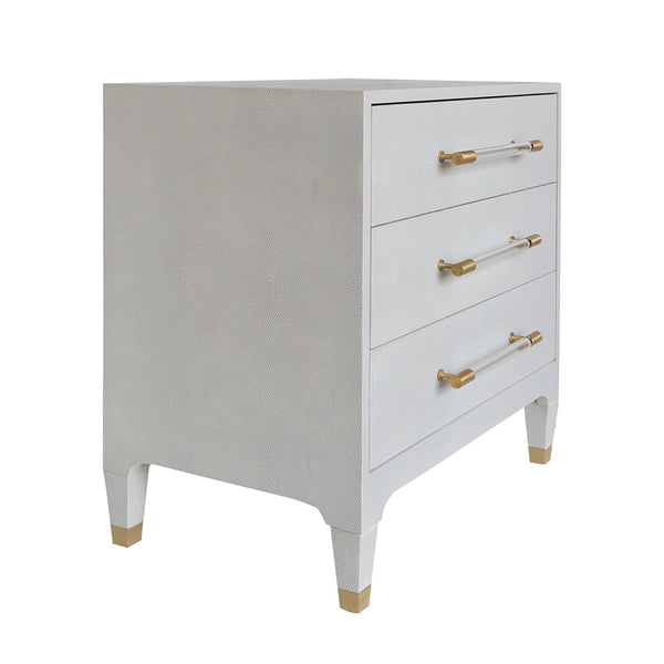 THREE DRAWER SIDE TABLE IN LIGHT GREY SHAGREEN WITH ANTIQUE BRASS AND ACRYLIC HARDWARE