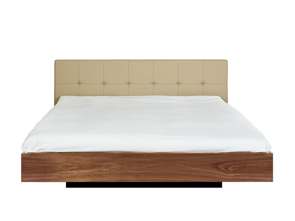 Floating modern Queen Bed - Tan Upholstery, Wood