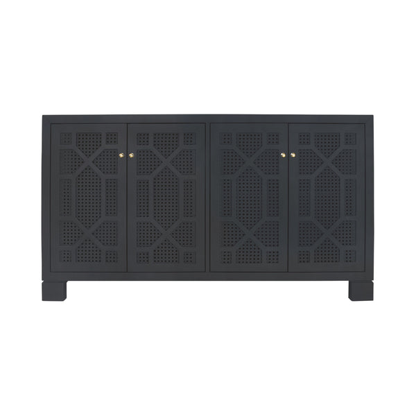 FOUR DOOR BUFFET WITH TRELLIS OVER PAINTED CANE DOORS IN MATTE NAVY LACQUER