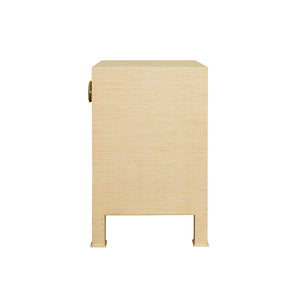 ONE DRAWER SIDE TABLE WITH ANTIQUE BRASS CIRCLE HARDWARE IN NATURAL GRASSCLOTH