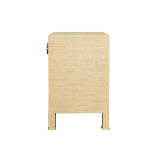 ONE DRAWER SIDE TABLE WITH ANTIQUE BRASS CIRCLE HARDWARE IN NATURAL GRASSCLOTH