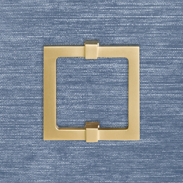 FOUR DOOR BUFFET WITH LARGE BRASS SQUARE HARDWARE IN BLUE DYED GRASSCLOTH